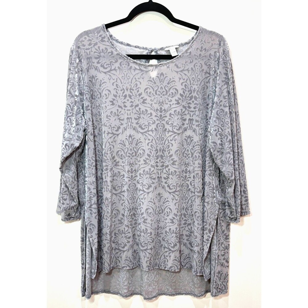 Cato Silver Velvet Burnout sz 18/20 Blouse Top Floral Semi Sheer Velour Holidays